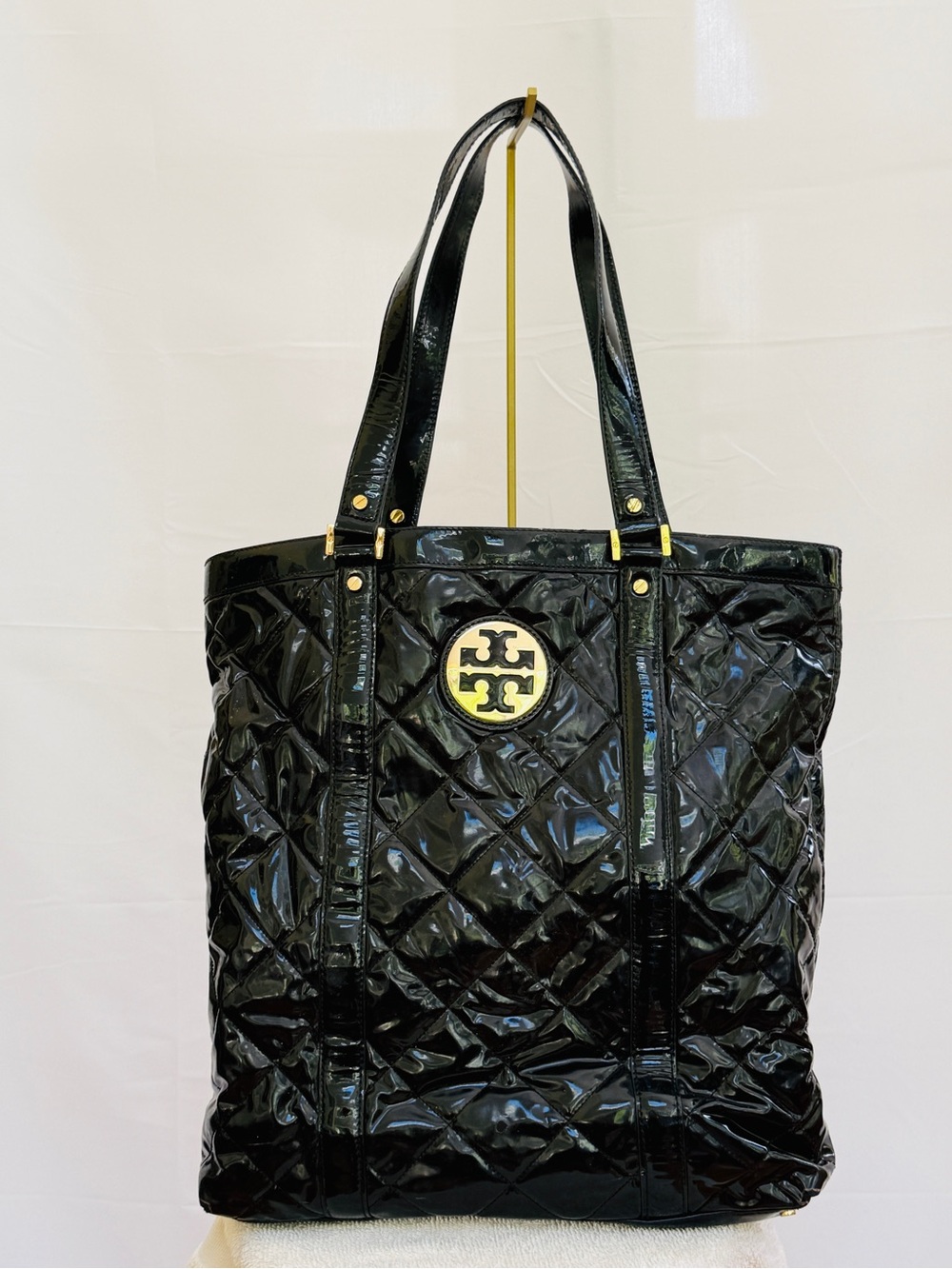 Tory Burch Black Quilted Patent Tote with Gold Logo